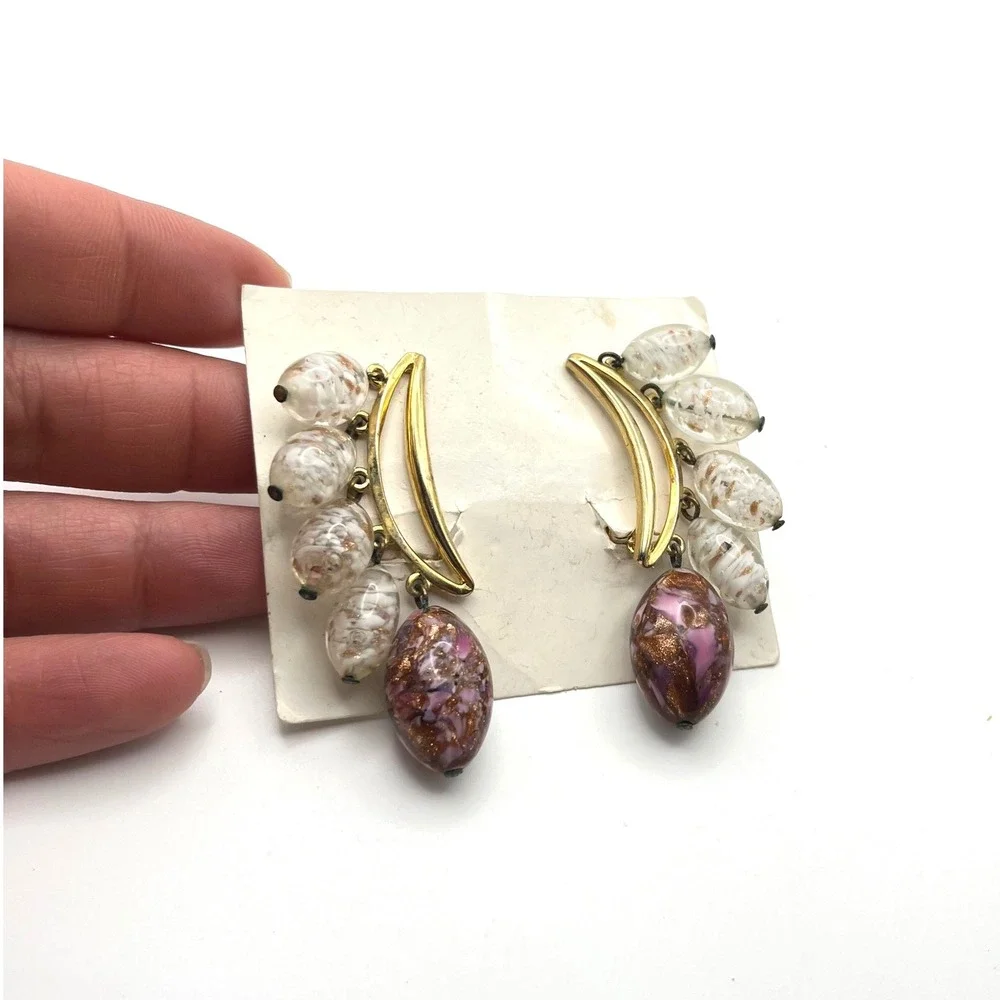 Schiaparelli Vintage Art Glass Clip On Earrings Gold Tone Pink Purple Speckled
